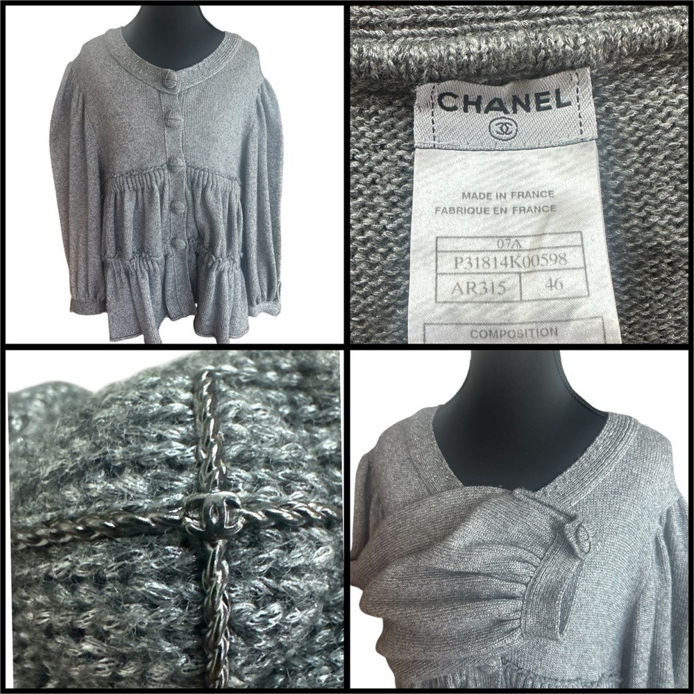 CHANEL Wool Blend Gray Women's Logo Button Snap Front Cardigan Size EU46/US12/L
